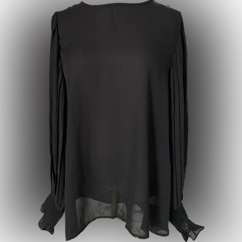 Black Pleated balloon ruffle Long Sleeve Blouse by Vine & Love Size L